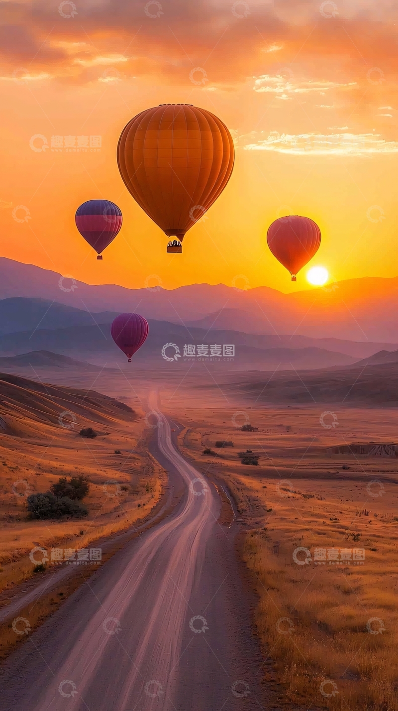 高清大图下载【趣麦麦图】沙漠日落热气球风景