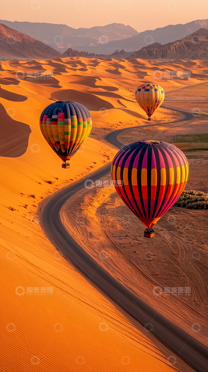 高清大图下载【趣麦麦图】沙漠热气球飞行风景
