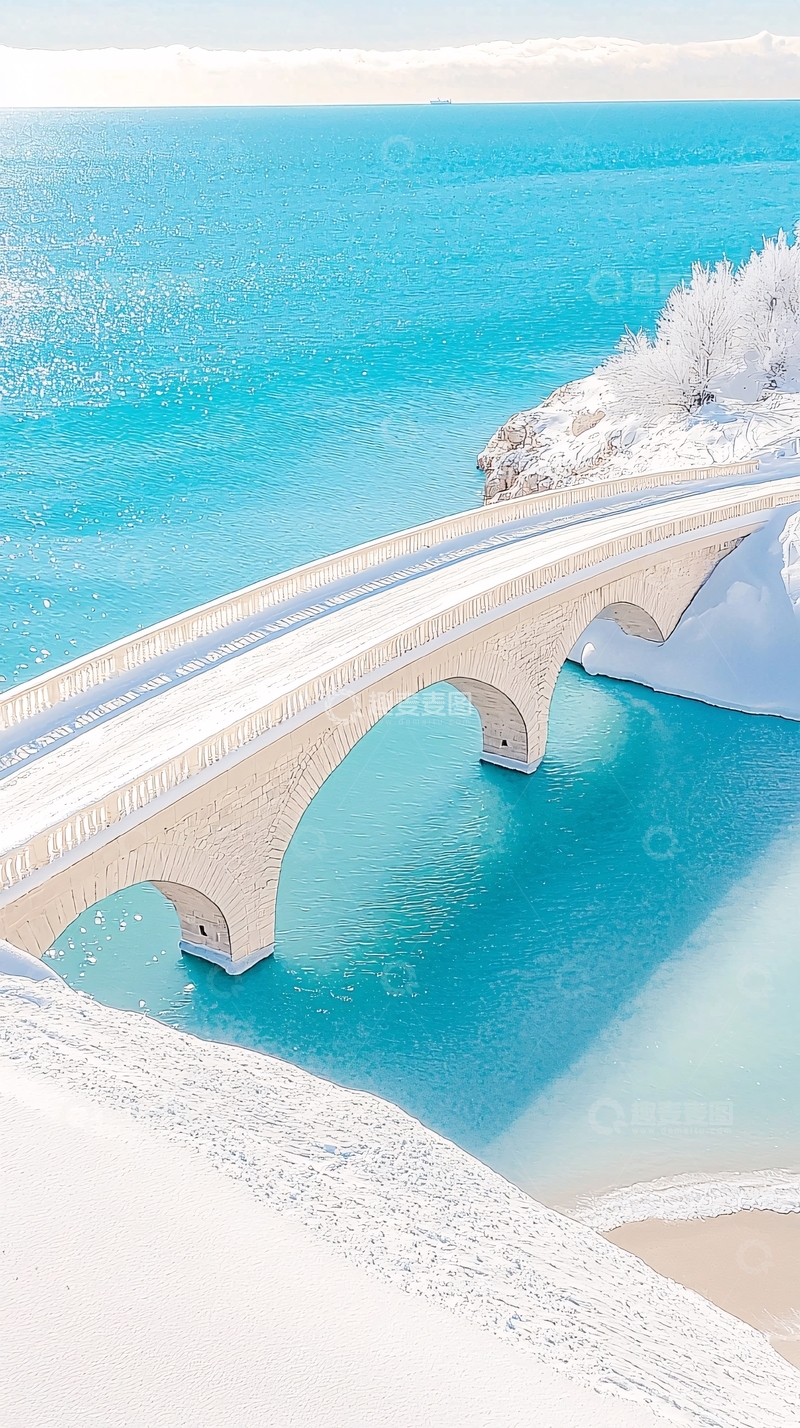 高清大图下载【趣麦麦图】雪景下的蓝色桥梁