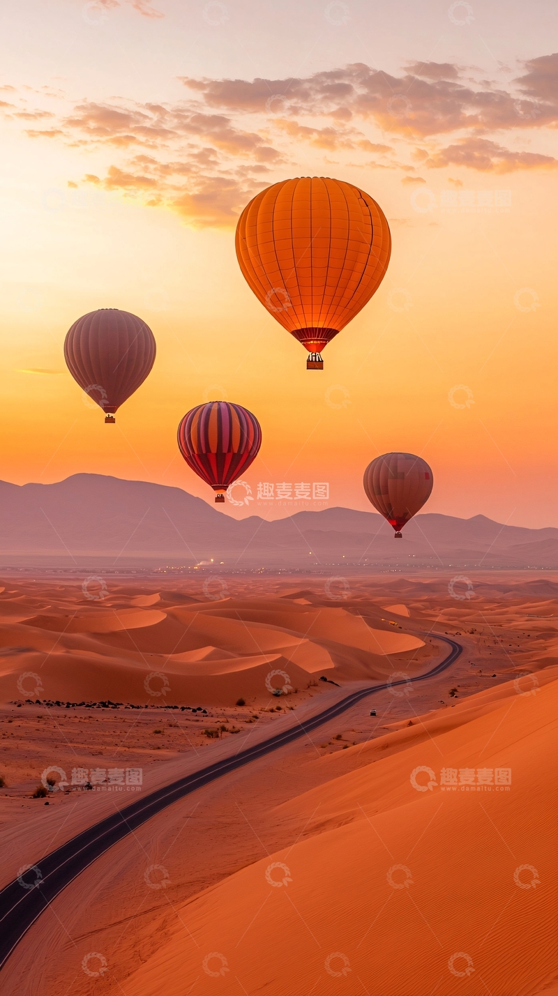 高清大图下载【趣麦麦图】沙漠热气球日落风景