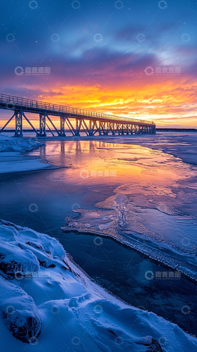 高清大图下载【趣麦麦图】冬夜桥上夕阳美景