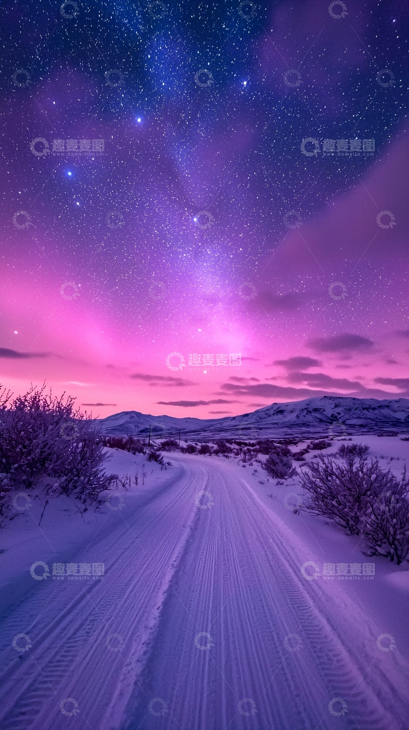 高清大图下载【趣麦麦图】雪地夜空下的梦幻之路