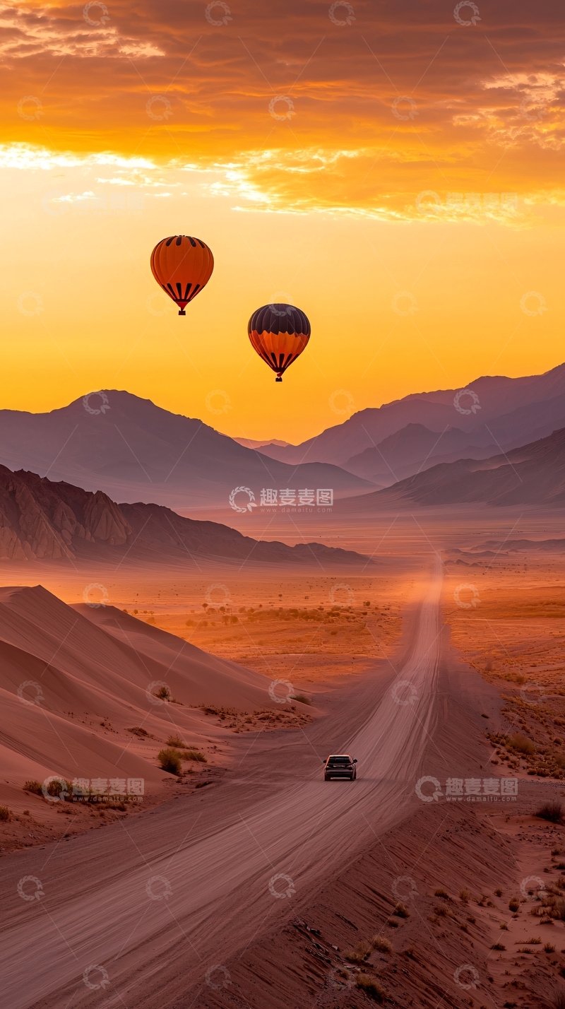 高清大图下载【趣麦麦图】沙漠热气球日落风景
