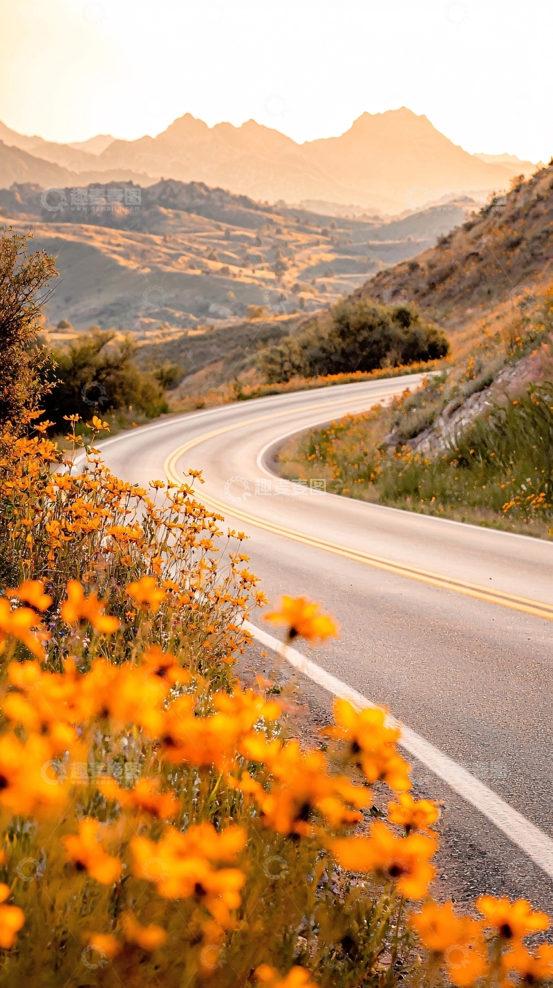 高清大图下载【趣麦麦图】夕阳下的山间公路风景