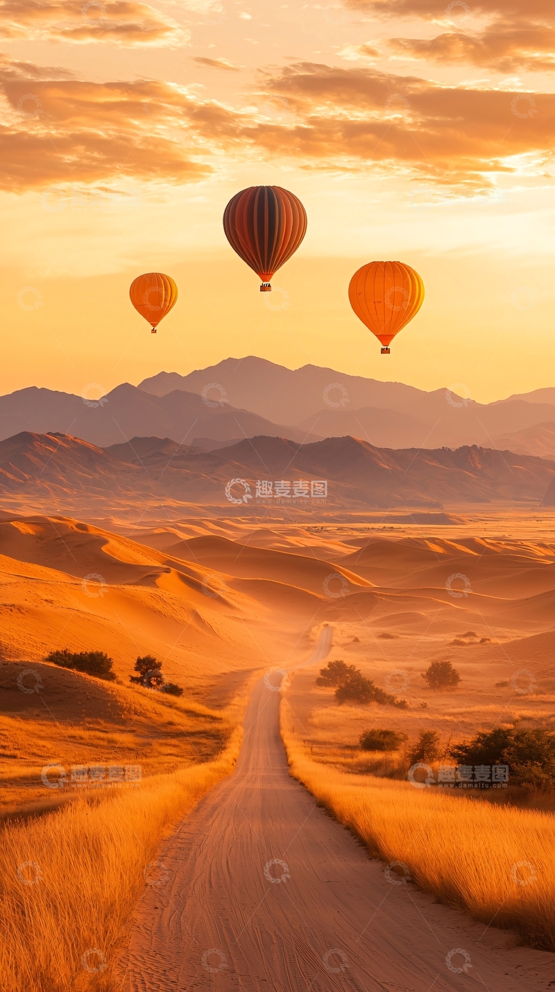 高清大图下载【趣麦麦图】沙漠日落热气球风景