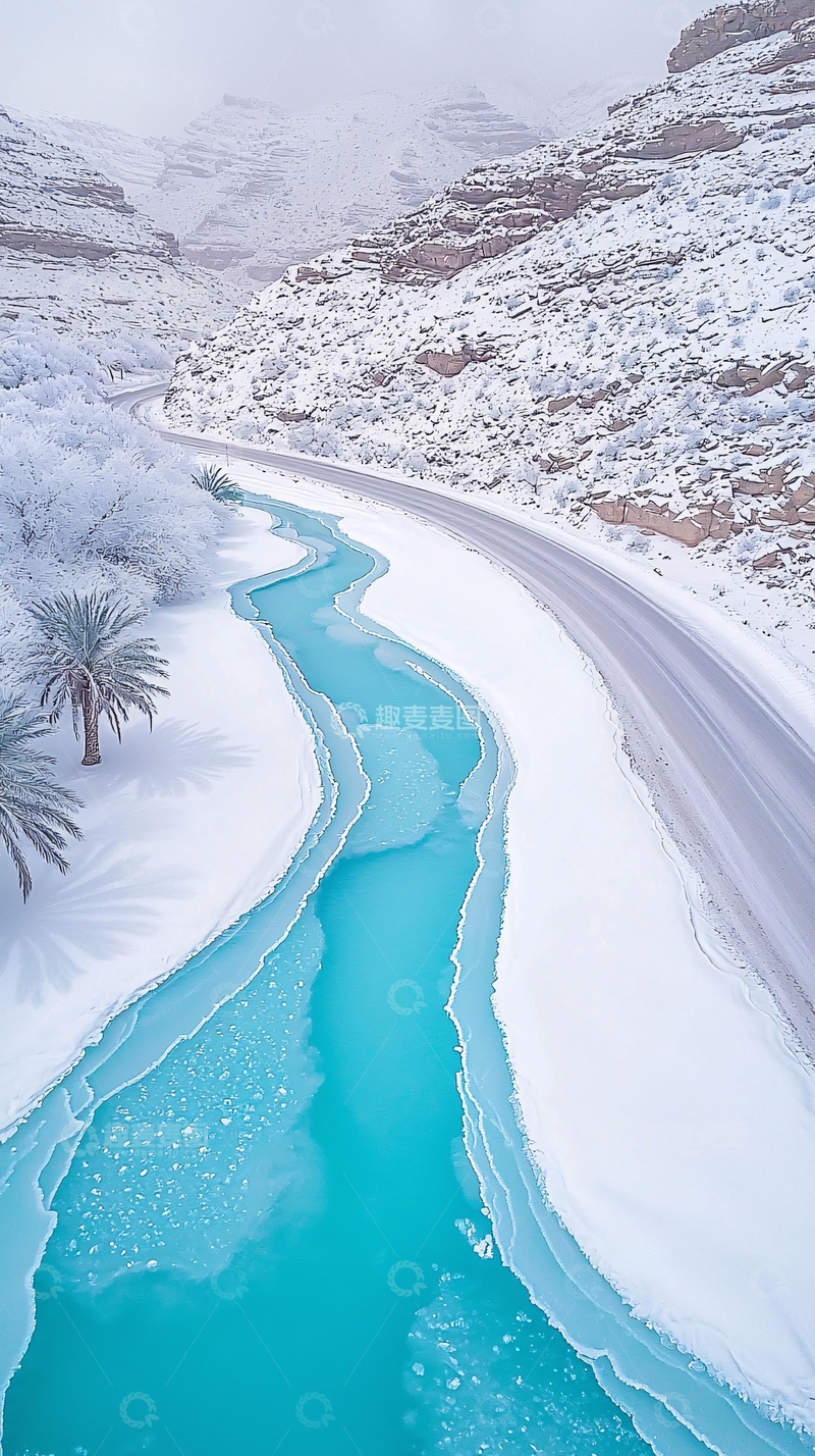 高清大图下载【趣麦麦图】雪中蓝河与公路风景