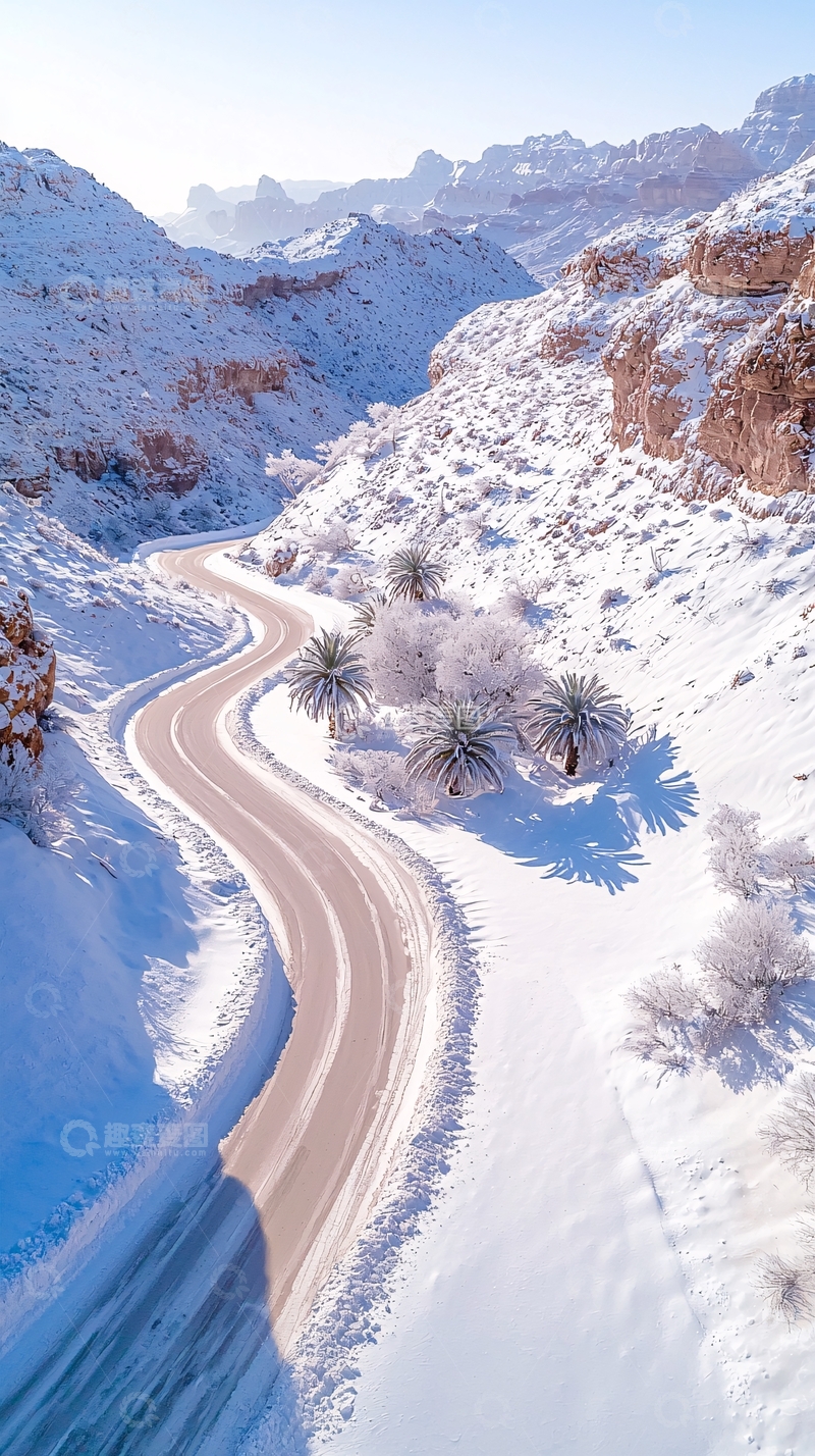 高清大图下载【趣麦麦图】雪中蜿蜒山路与棕榈树
