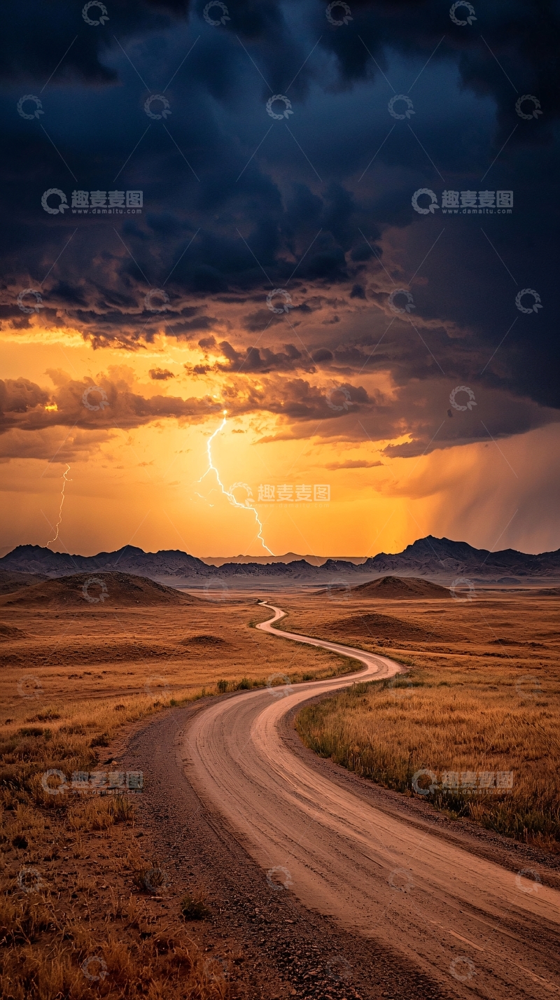 高清大图下载【趣麦麦图】闪电穿越沙漠的黄昏之路