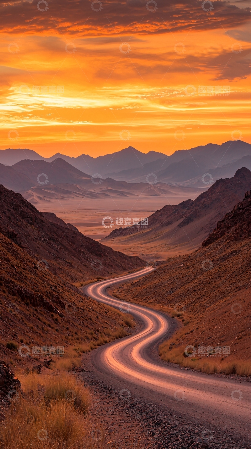 高清大图下载【趣麦麦图】沙漠蜿蜒公路日落风景