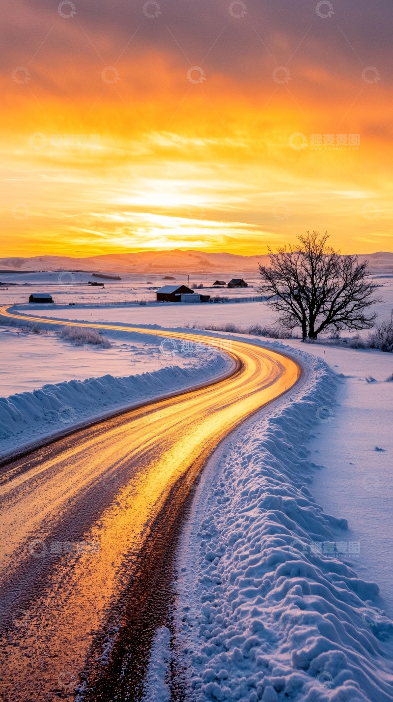 高清大图下载【趣麦麦图】冬日雪地蜿蜒小路