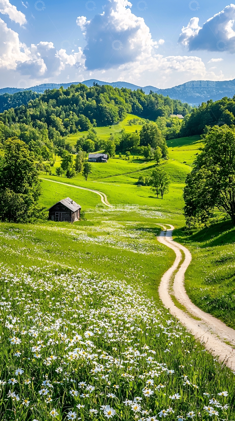 高清大图下载【趣麦麦图】绿色田野上的小路与小屋