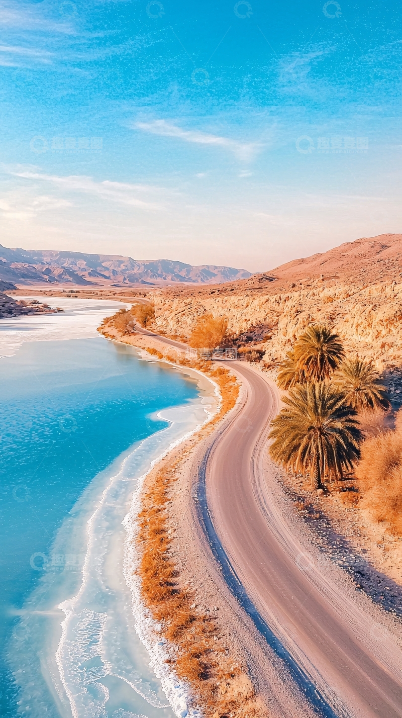 高清大图下载【趣麦麦图】沙漠公路与湖畔美景