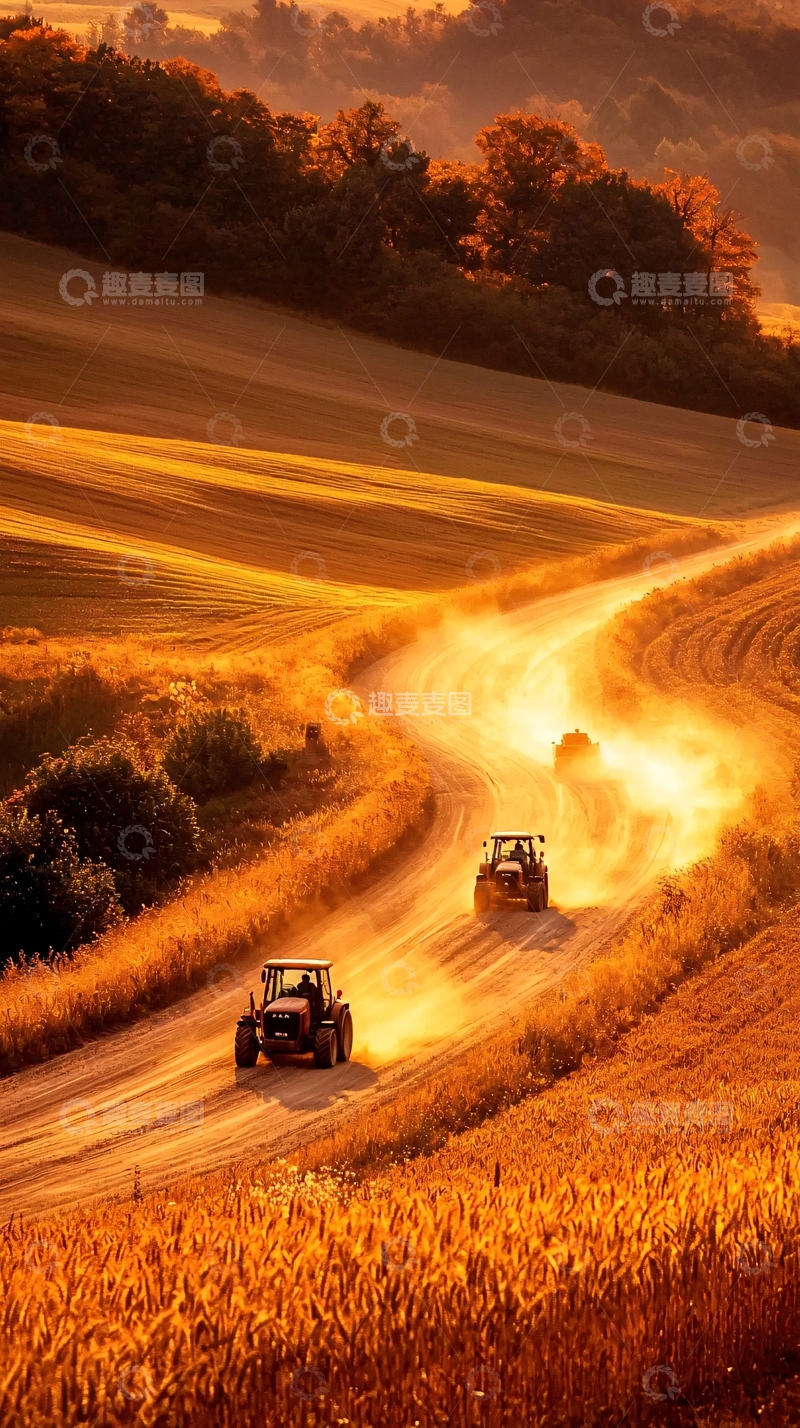 高清大图下载【趣麦麦图】夕阳下的田野拖拉机