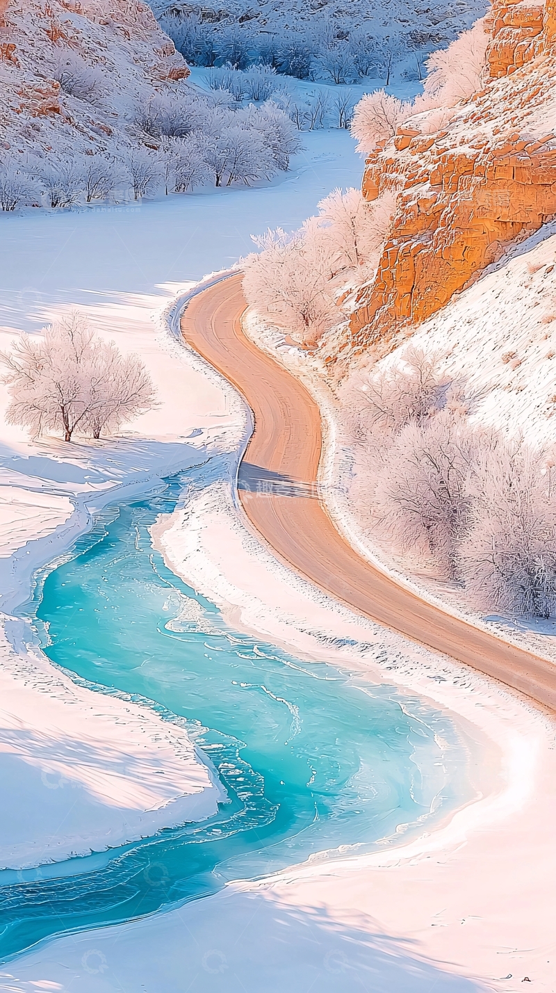 高清大图下载【趣麦麦图】冬日雪景中的蜿蜒小路