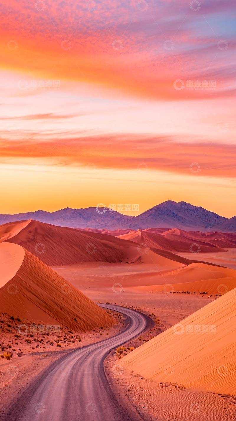 高清大图下载【趣麦麦图】沙漠公路日落美景