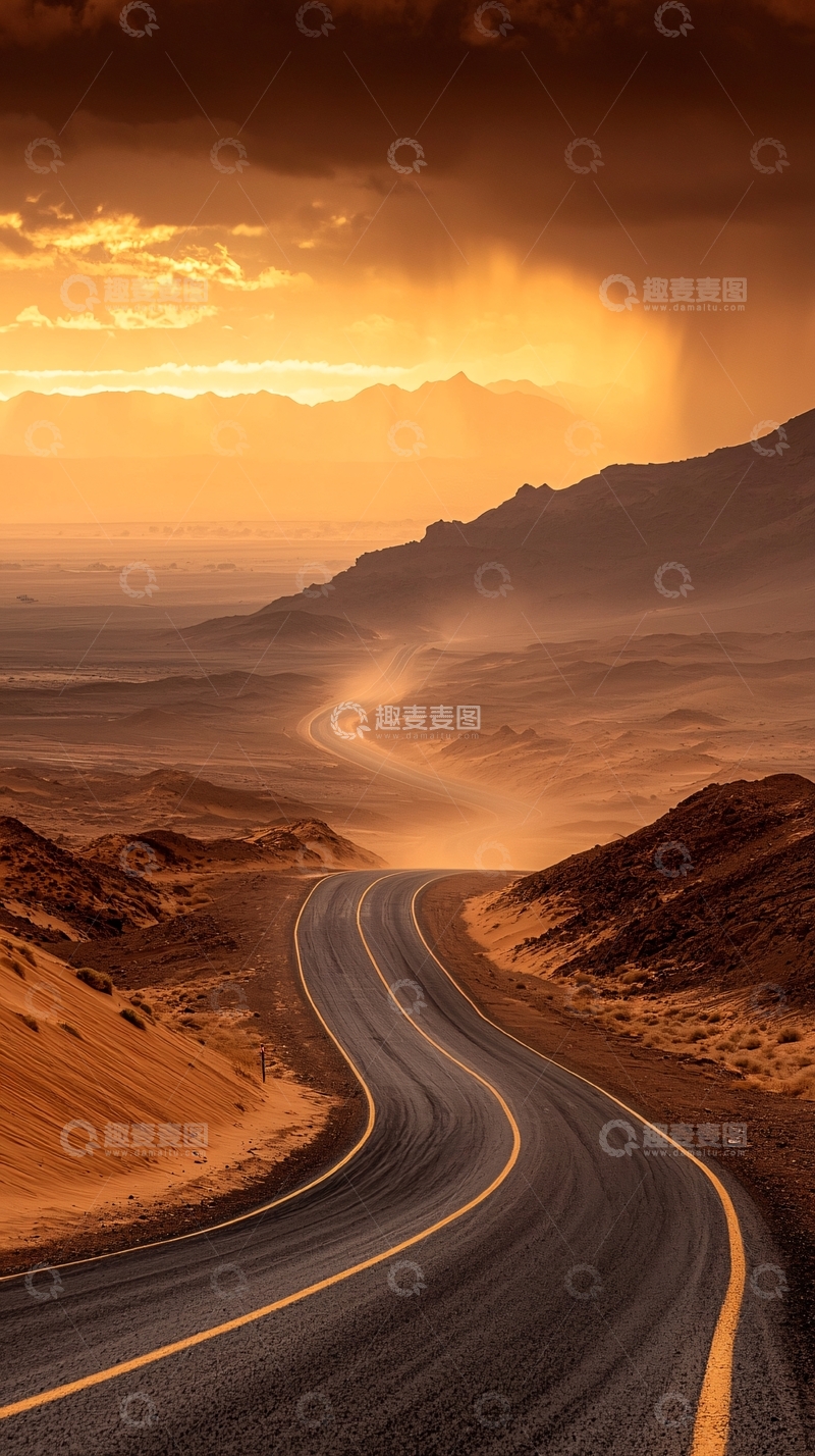 高清大图下载【趣麦麦图】沙漠公路日落风景