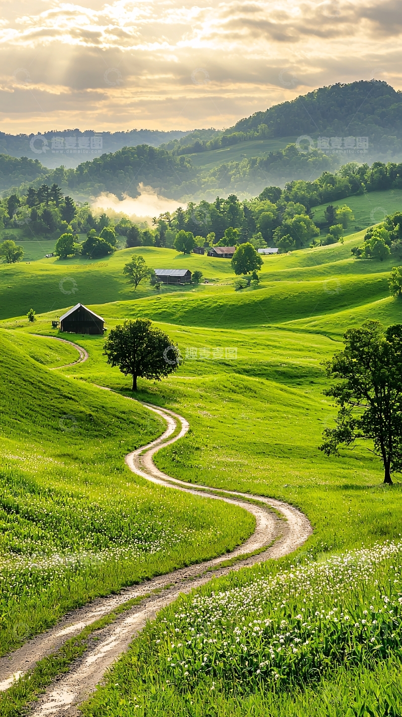 高清大图下载【趣麦麦图】绿色田野上的蜿蜒小路