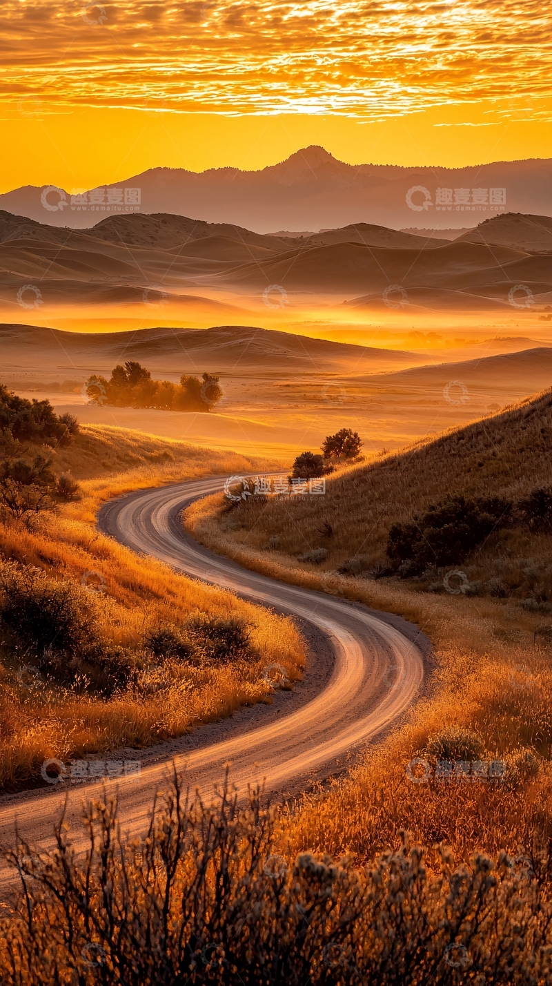 高清大图下载【趣麦麦图】夕阳下的蜿蜒山路