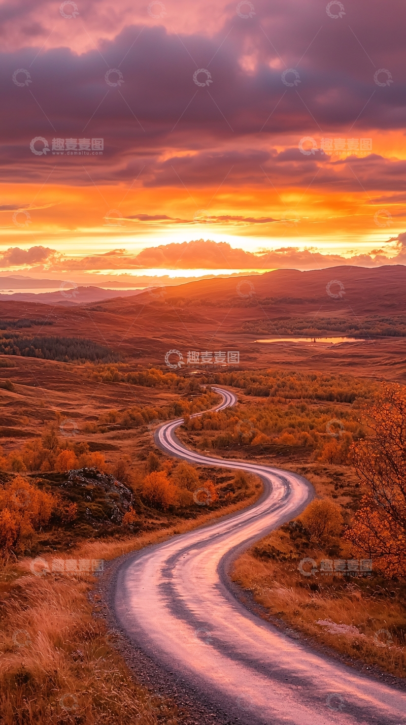 高清大图下载【趣麦麦图】秋日夕阳下的蜿蜒山路