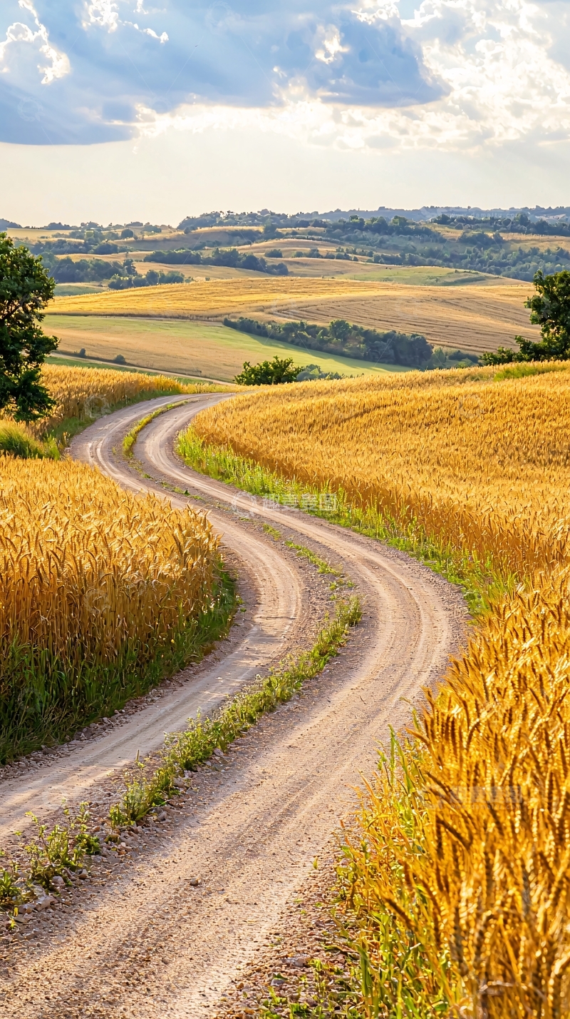 高清大图下载【趣麦麦图】金黄色麦田中的蜿蜒小路