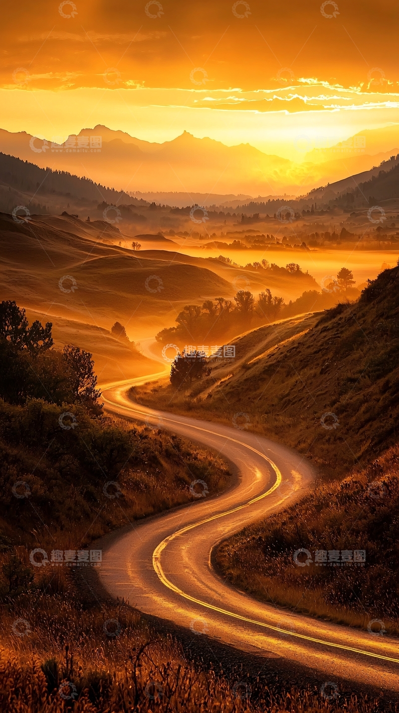 高清大图下载【趣麦麦图】金色晨曦中的蜿蜒山路