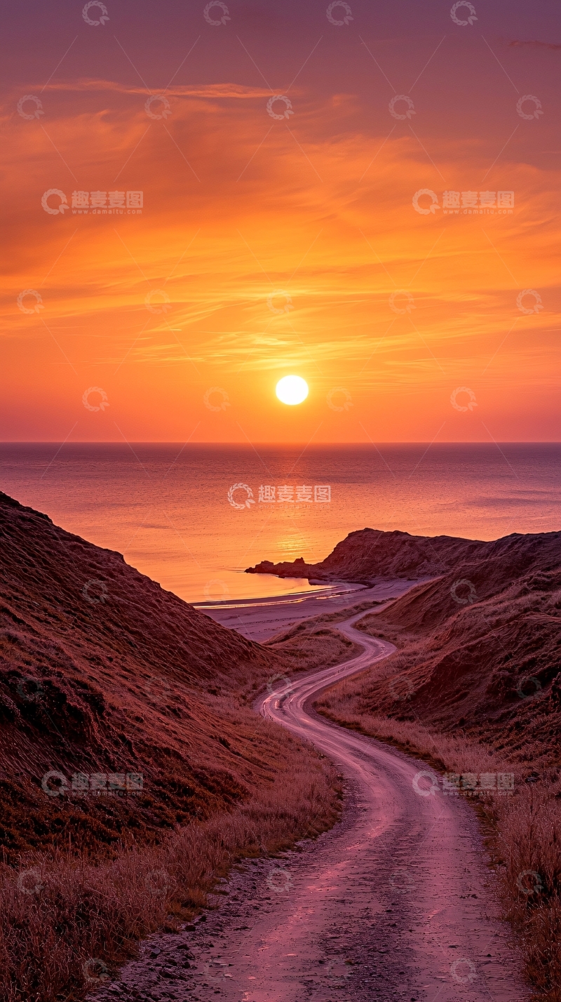 高清大图下载【趣麦麦图】夕阳下的海边小路