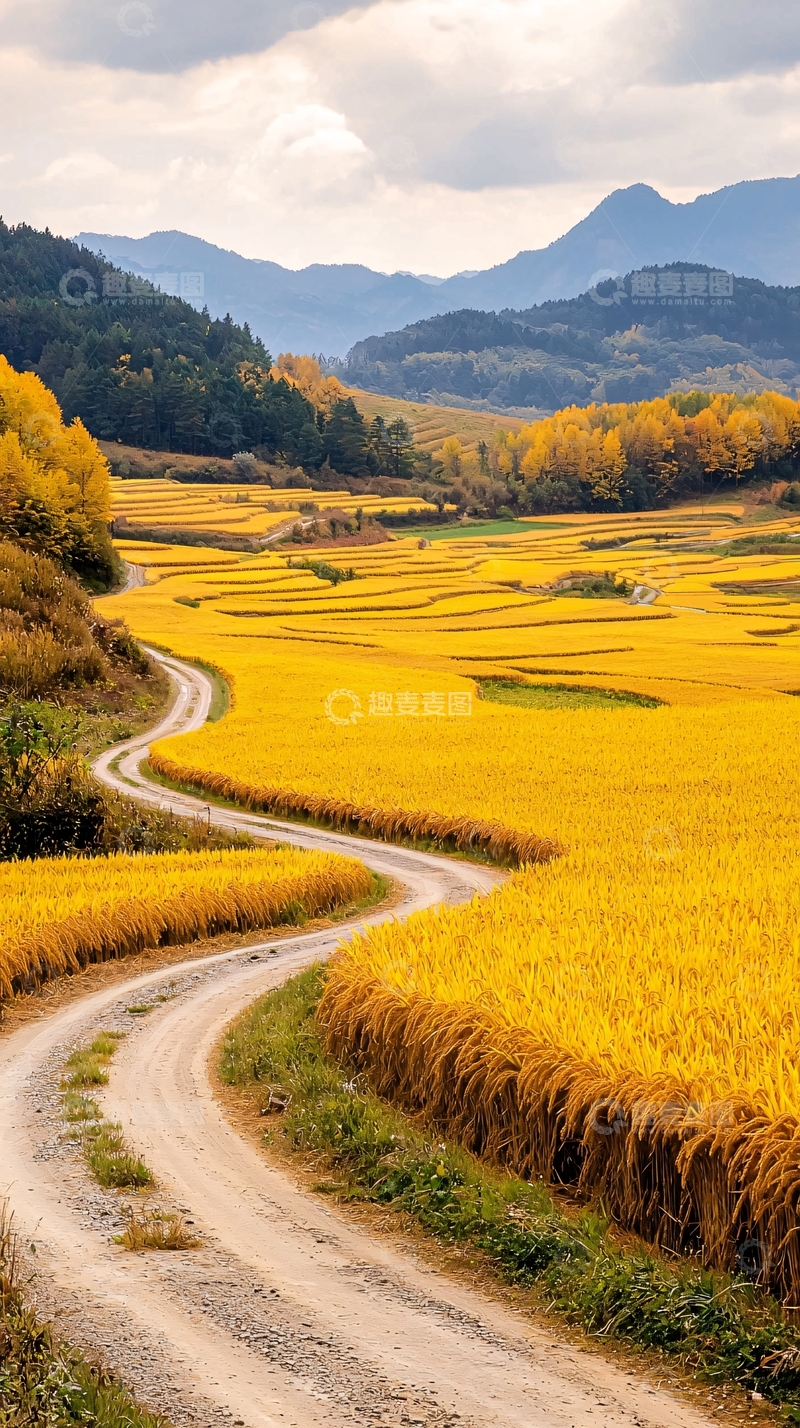 高清大图下载【趣麦麦图】金黄稻田与蜿蜒小路