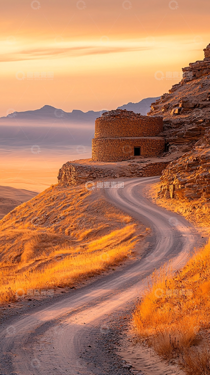 高清大图下载【趣麦麦图】夕阳下的沙漠小路