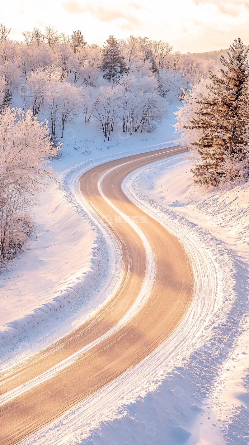 高清大图下载【趣麦麦图】冬日雪景蜿蜒山路