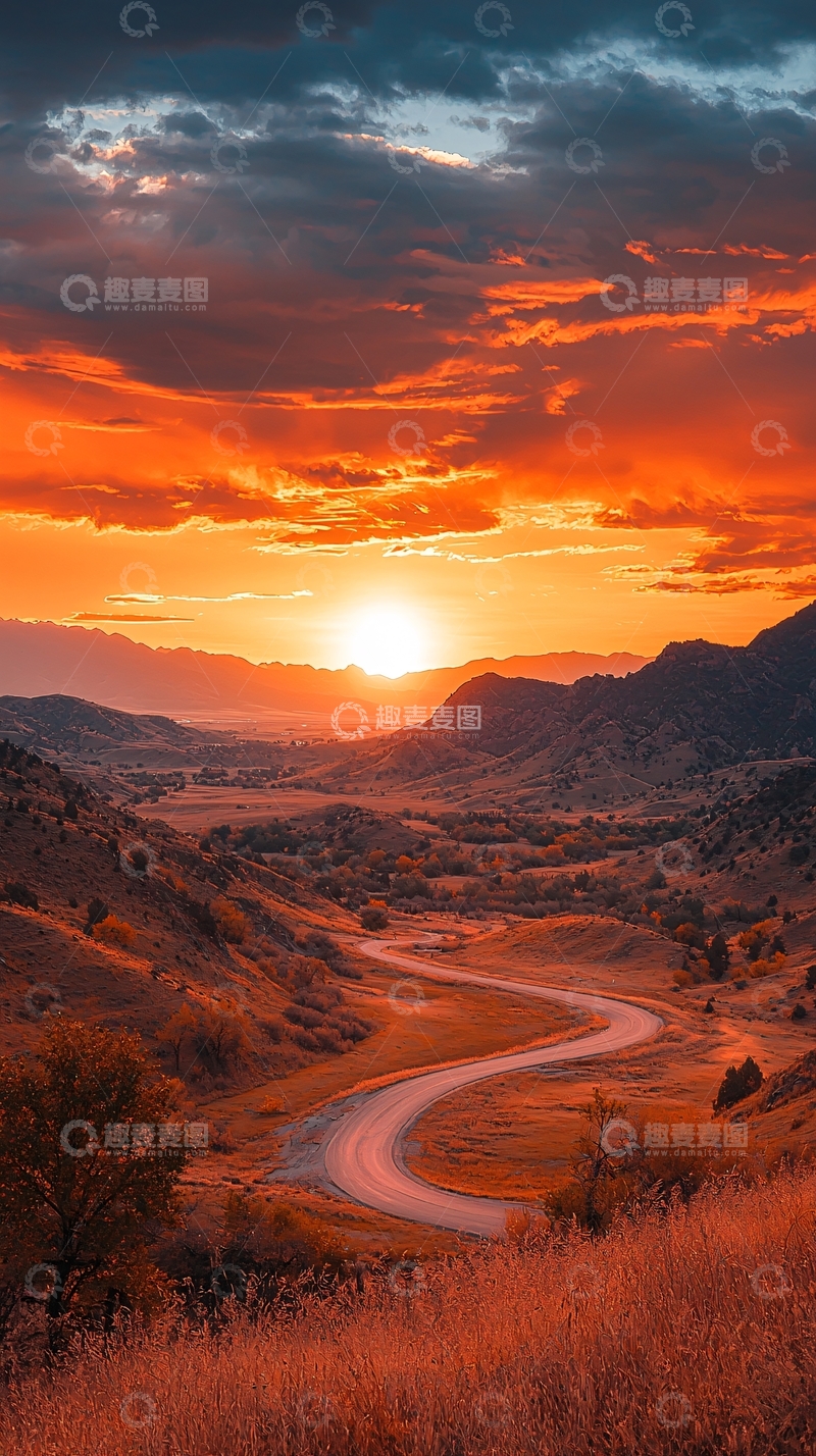高清大图下载【趣麦麦图】夕阳下的蜿蜒山路