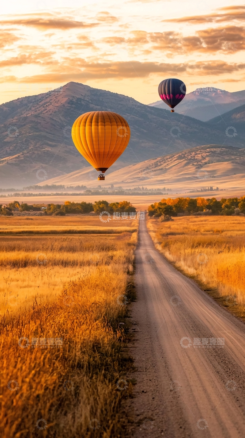 高清大图下载【趣麦麦图】热气球与乡村小路的黄昏美景