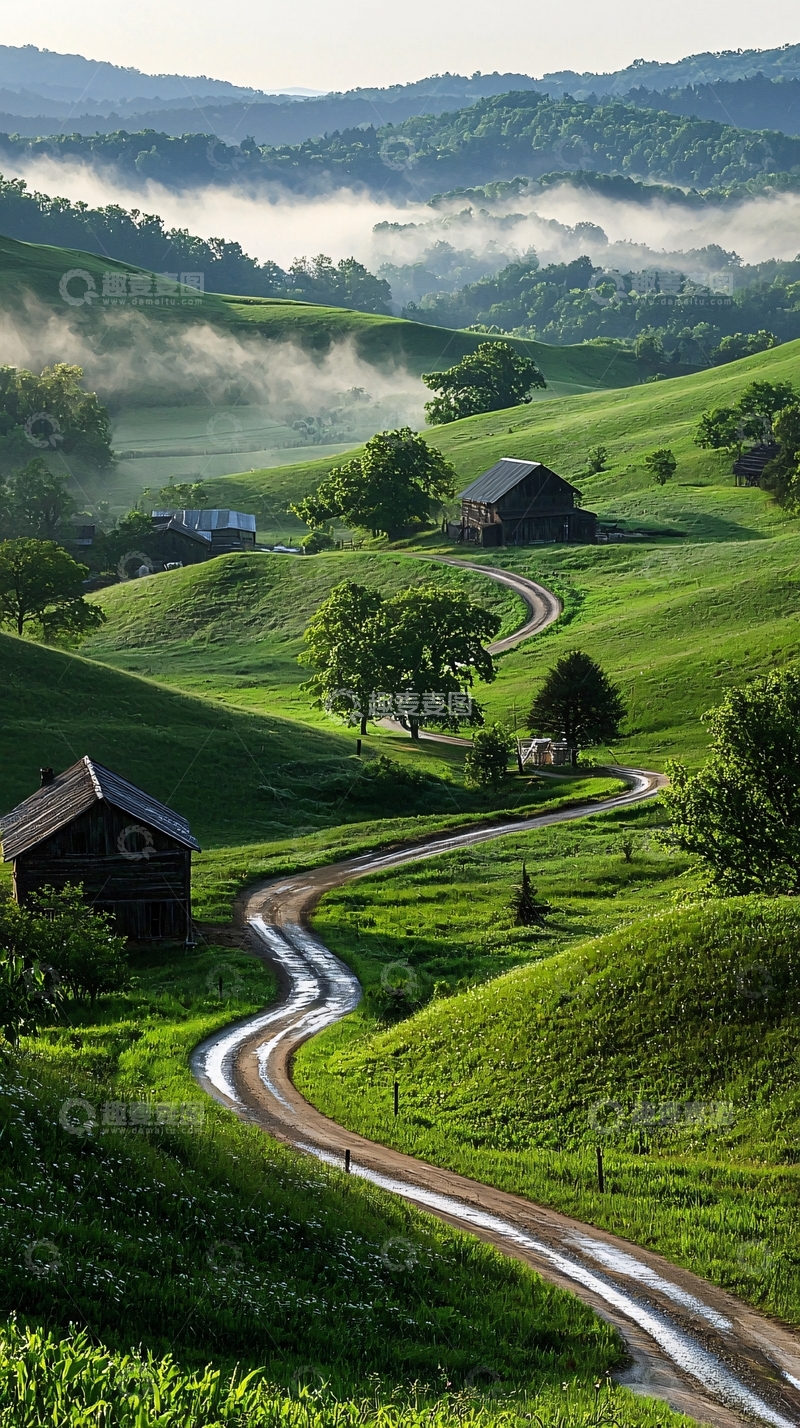 高清大图下载【趣麦麦图】晨雾中的乡村小路