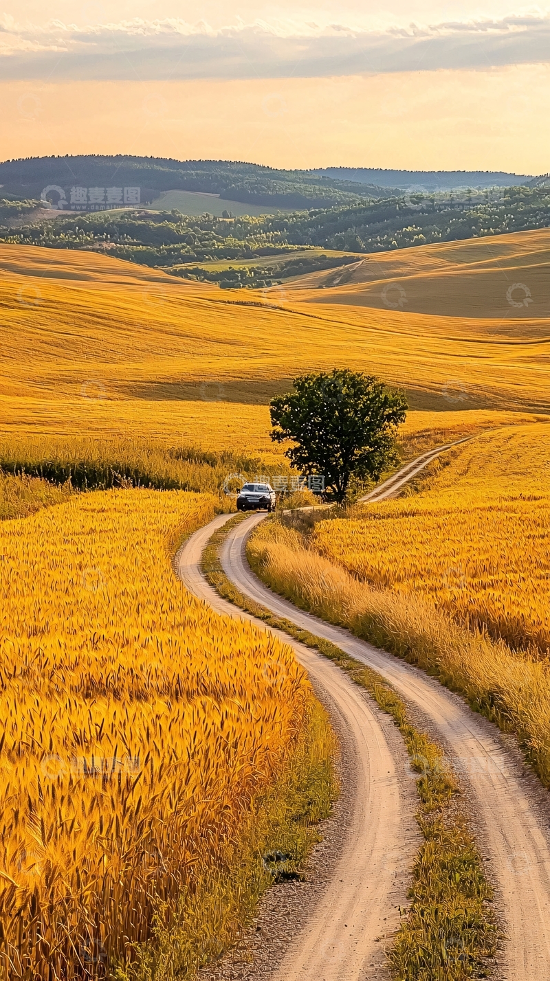 高清大图下载【趣麦麦图】金黄色田野中的蜿蜒小路