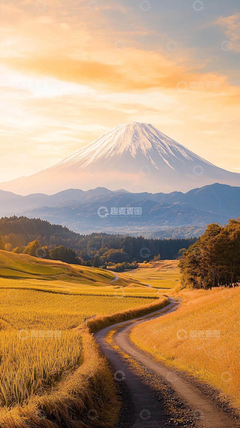 高清大图下载【趣麦麦图】富士山下的稻田小路