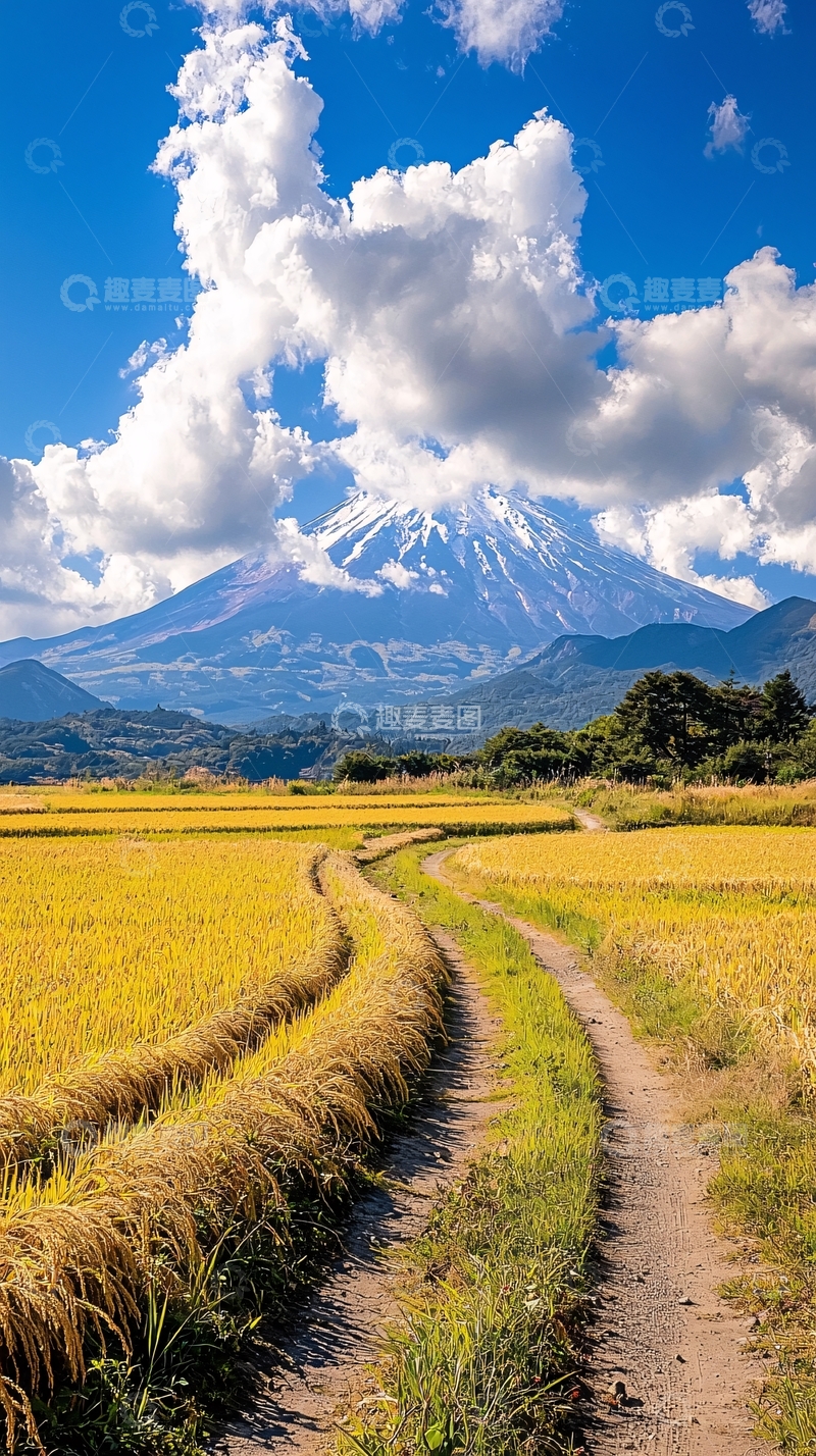 高清大图下载【趣麦麦图】富士山下的稻田小路