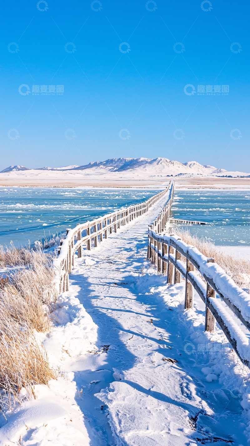 高清大图下载【趣麦麦图】雪地木桥风景