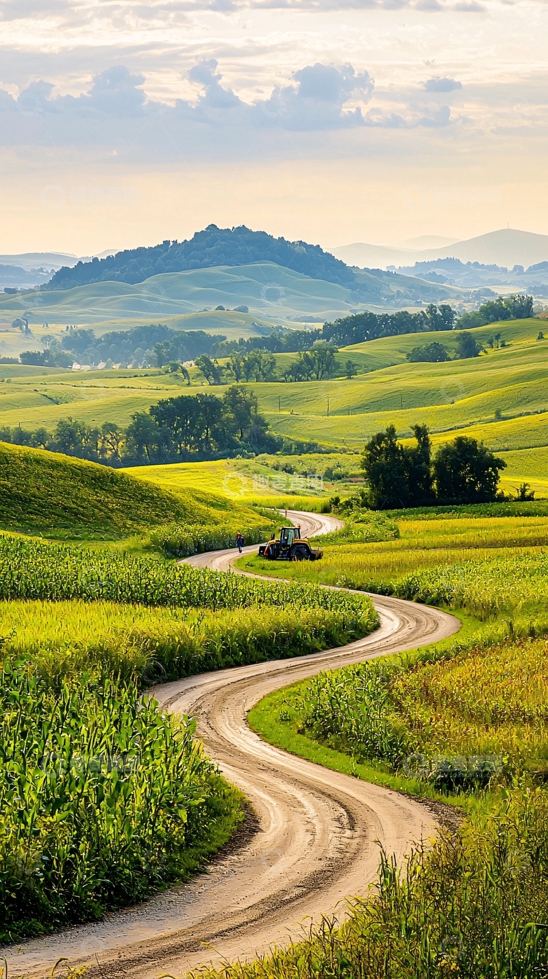 高清大图下载【趣麦麦图】蜿蜒乡村小路与绿色田野