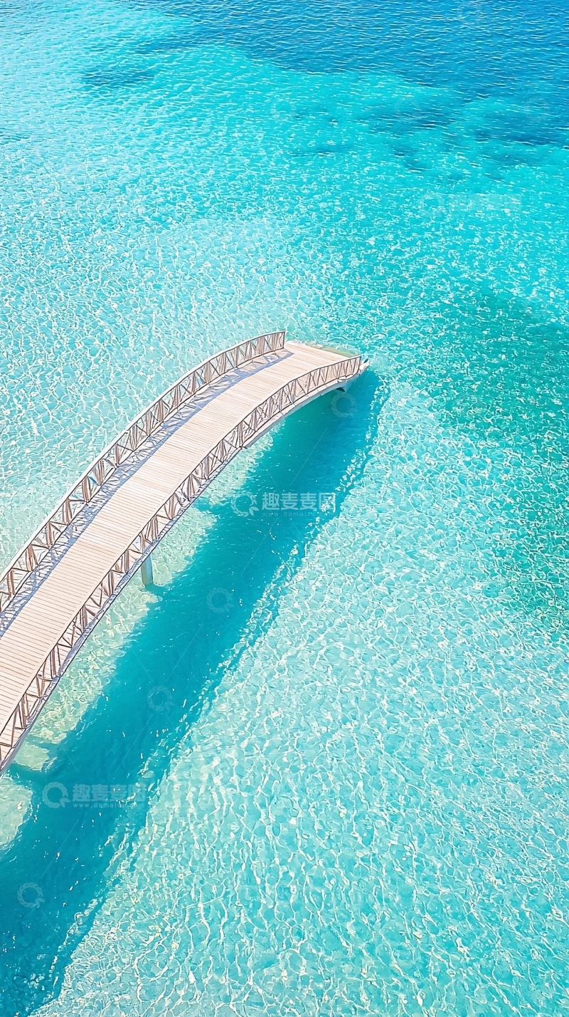 高清大图下载【趣麦麦图】清澈海水中的弯曲木桥