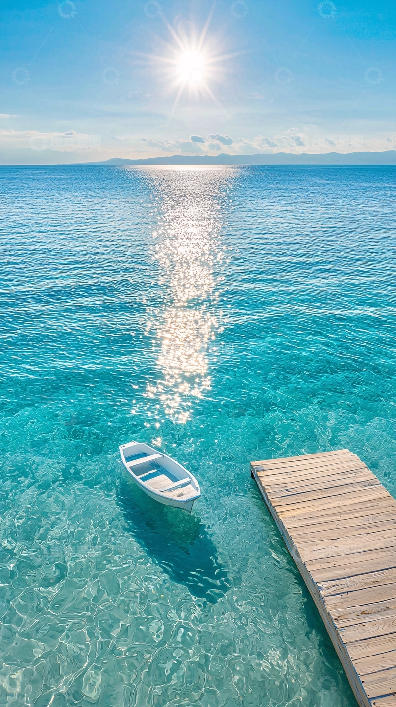 高清大图下载【趣麦麦图】清澈海滩上的小船与码头