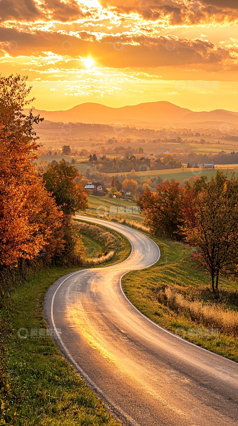 高清大图下载【趣麦麦图】秋日夕阳下的蜿蜒乡村小路