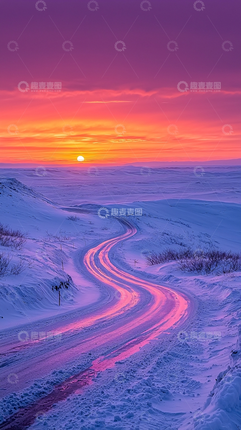高清大图下载【趣麦麦图】雪地蜿蜒小路日落美景
