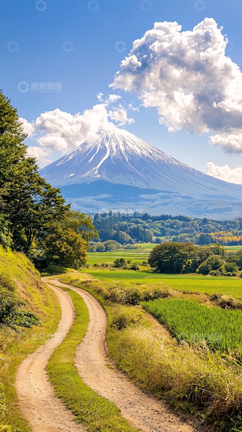 高清大图下载【趣麦麦图】富士山下的乡村小路