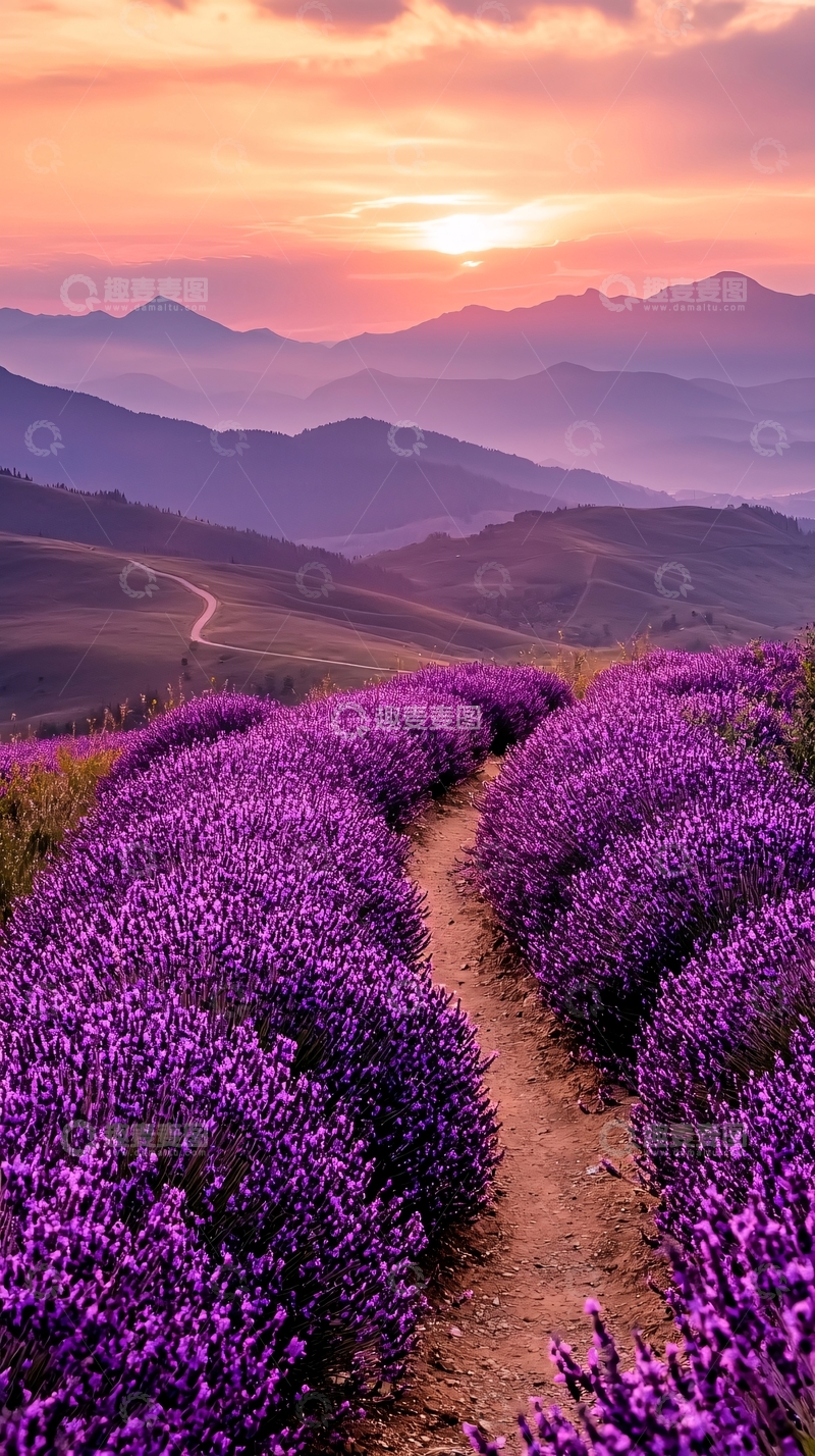高清大图下载【趣麦麦图】薰衣草田野日落山景
