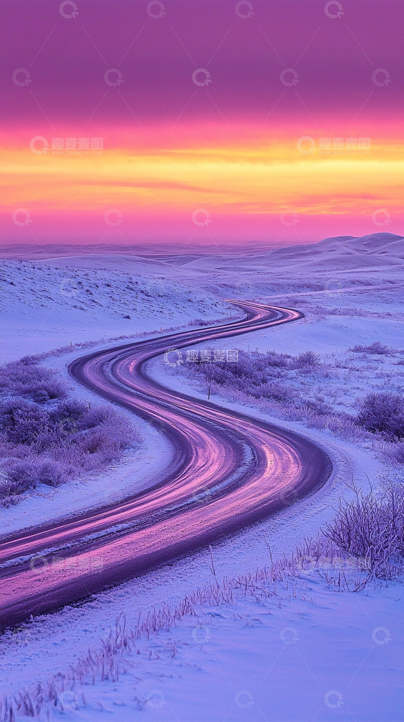 高清大图下载【趣麦麦图】雪地蜿蜒公路日落美景