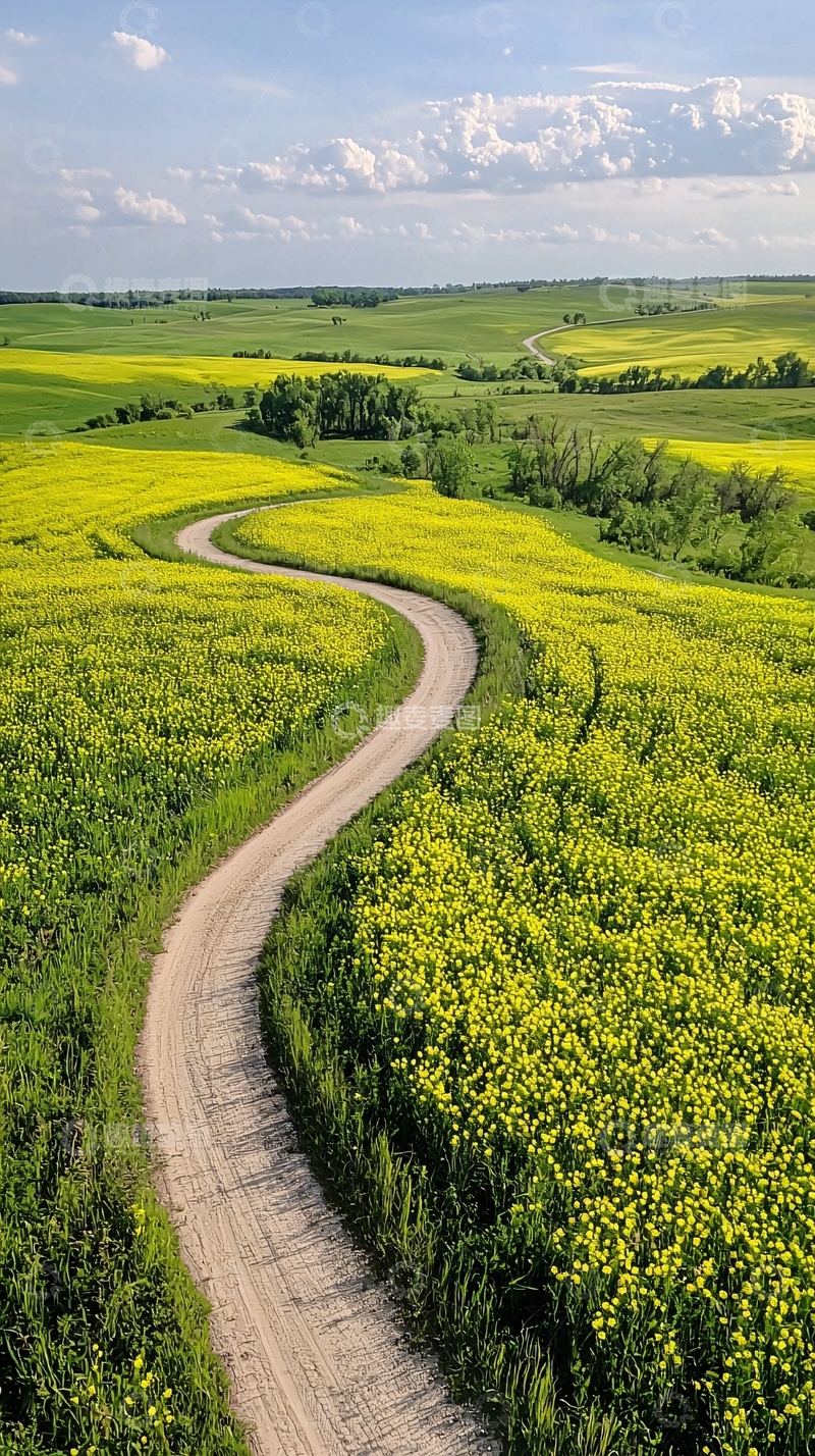 高清大图下载【趣麦麦图】蜿蜒小路穿越油菜花田