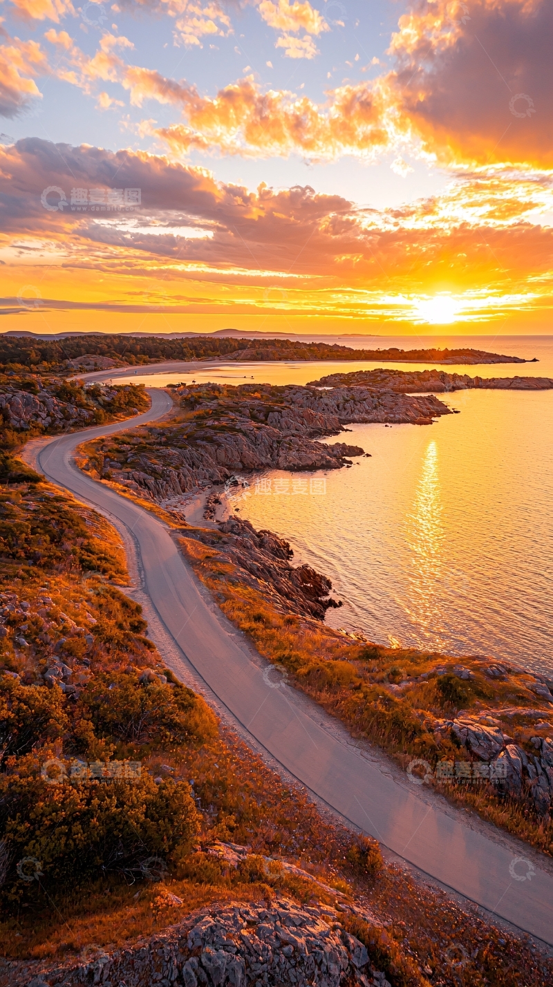 高清大图下载【趣麦麦图】夕阳下的海岸公路风景