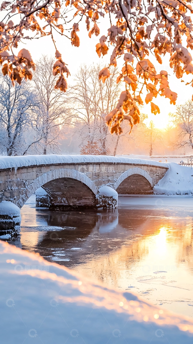 高清大图下载【趣麦麦图】冬日雪景中的石桥