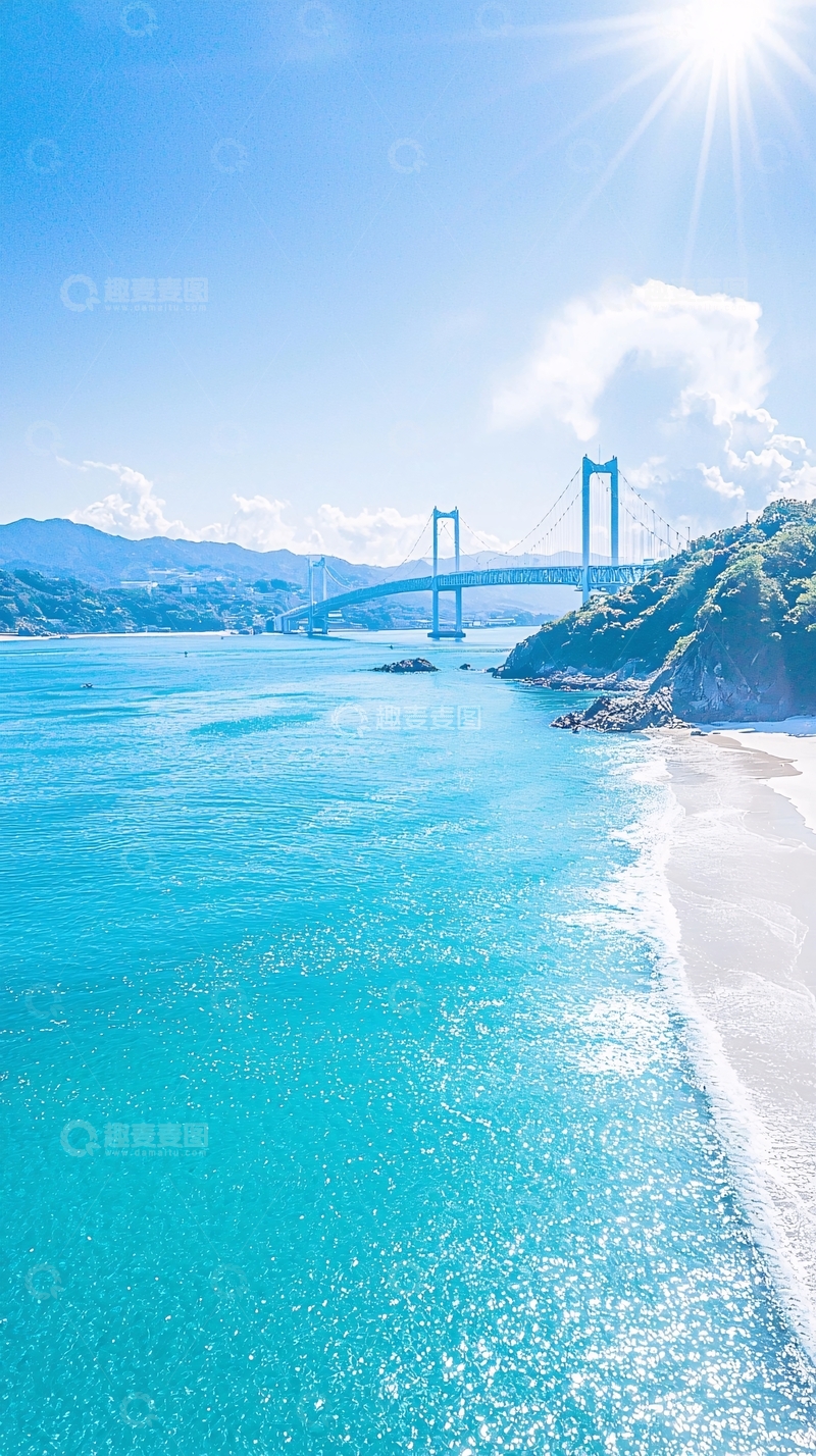 高清大图下载【趣麦麦图】蓝天白云下的海边大桥