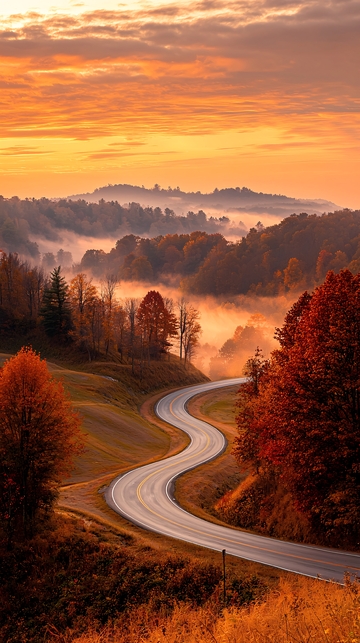 秋日晨雾中的蜿蜒公路