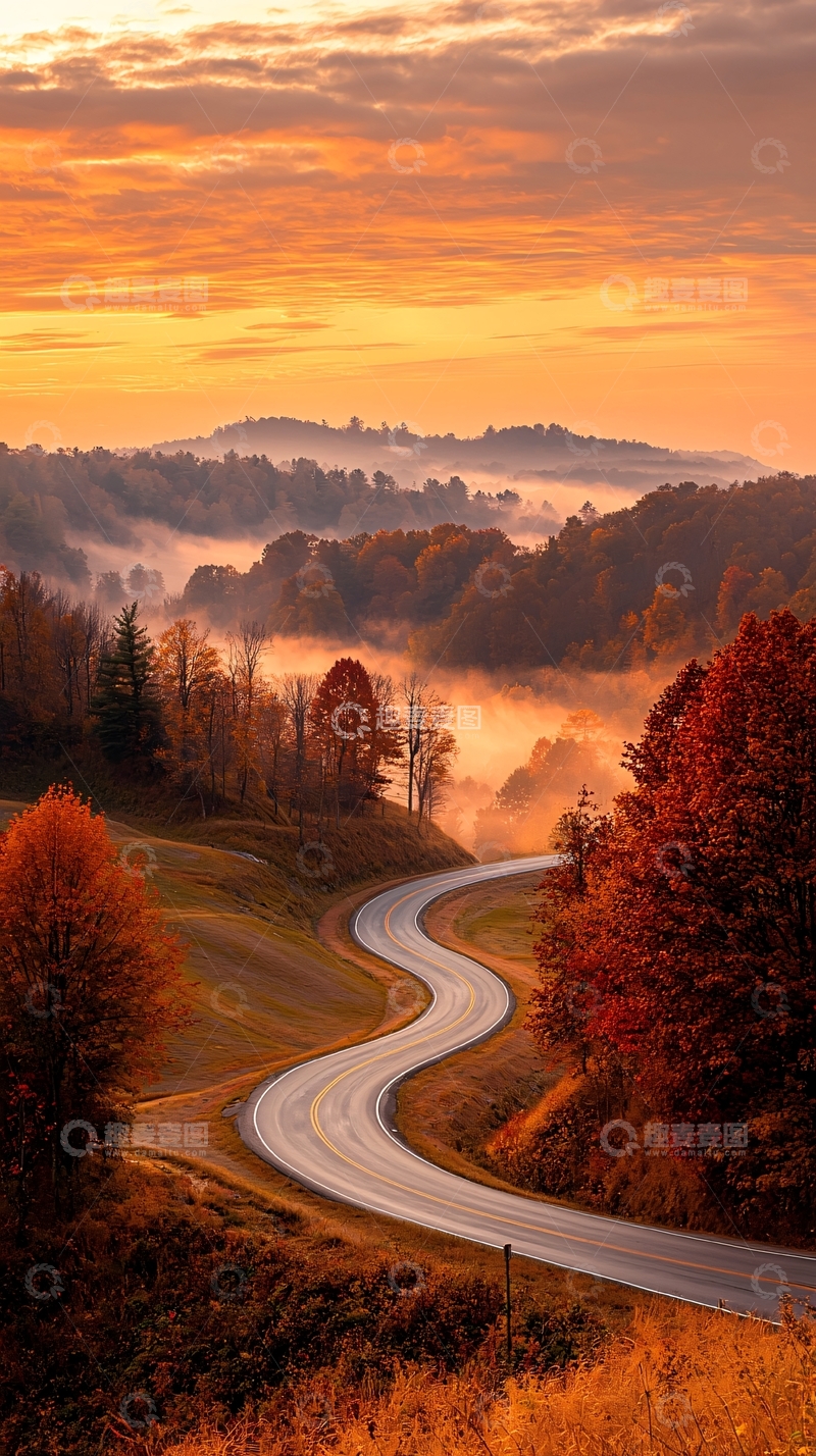 高清大图下载【趣麦麦图】秋日晨雾中的蜿蜒公路